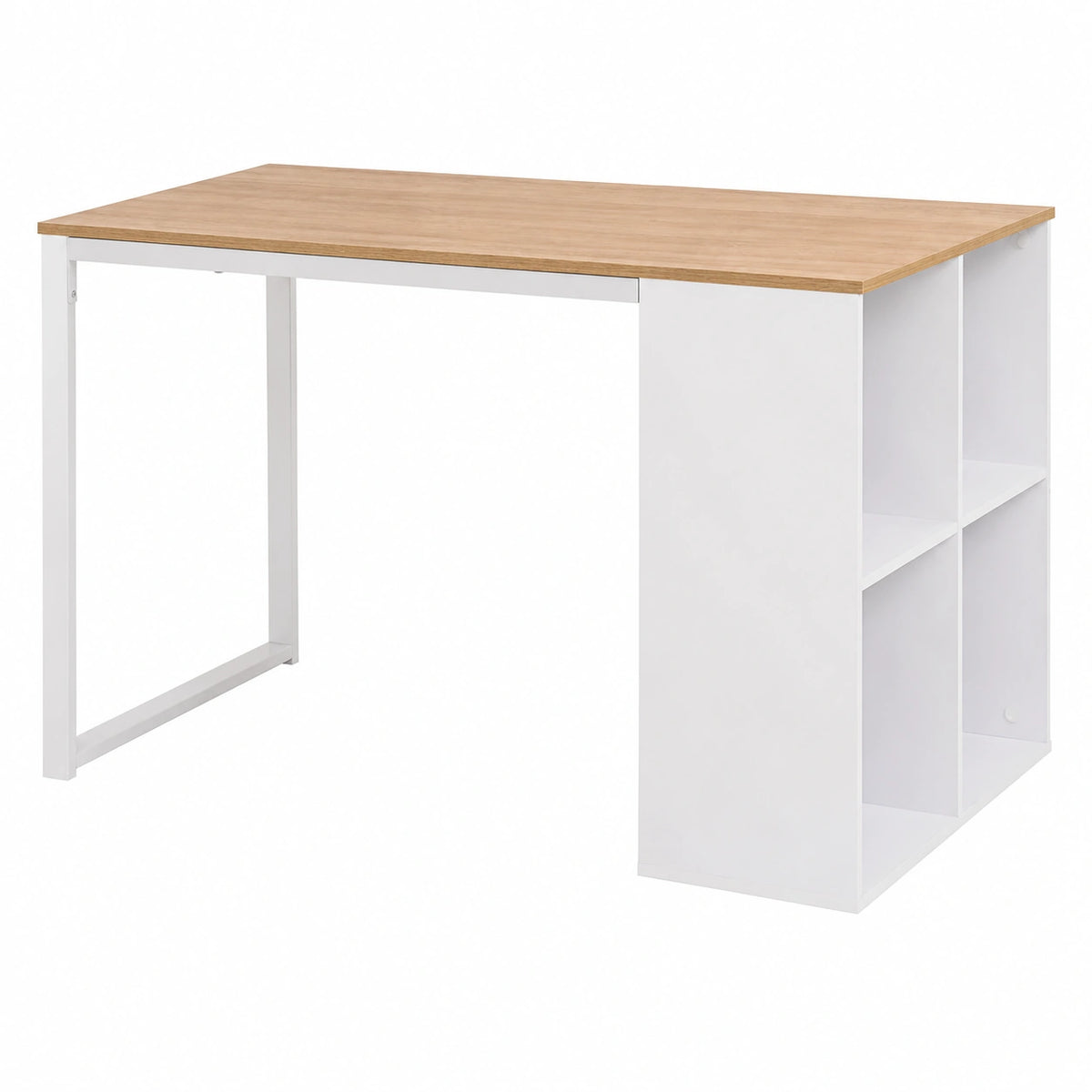 Scrivania da 120 × 60 × 75 cm, marrone rovere e bianco, con 4 scomparti, materiale in legno con rivestimento in melammina, telaio in acciaio