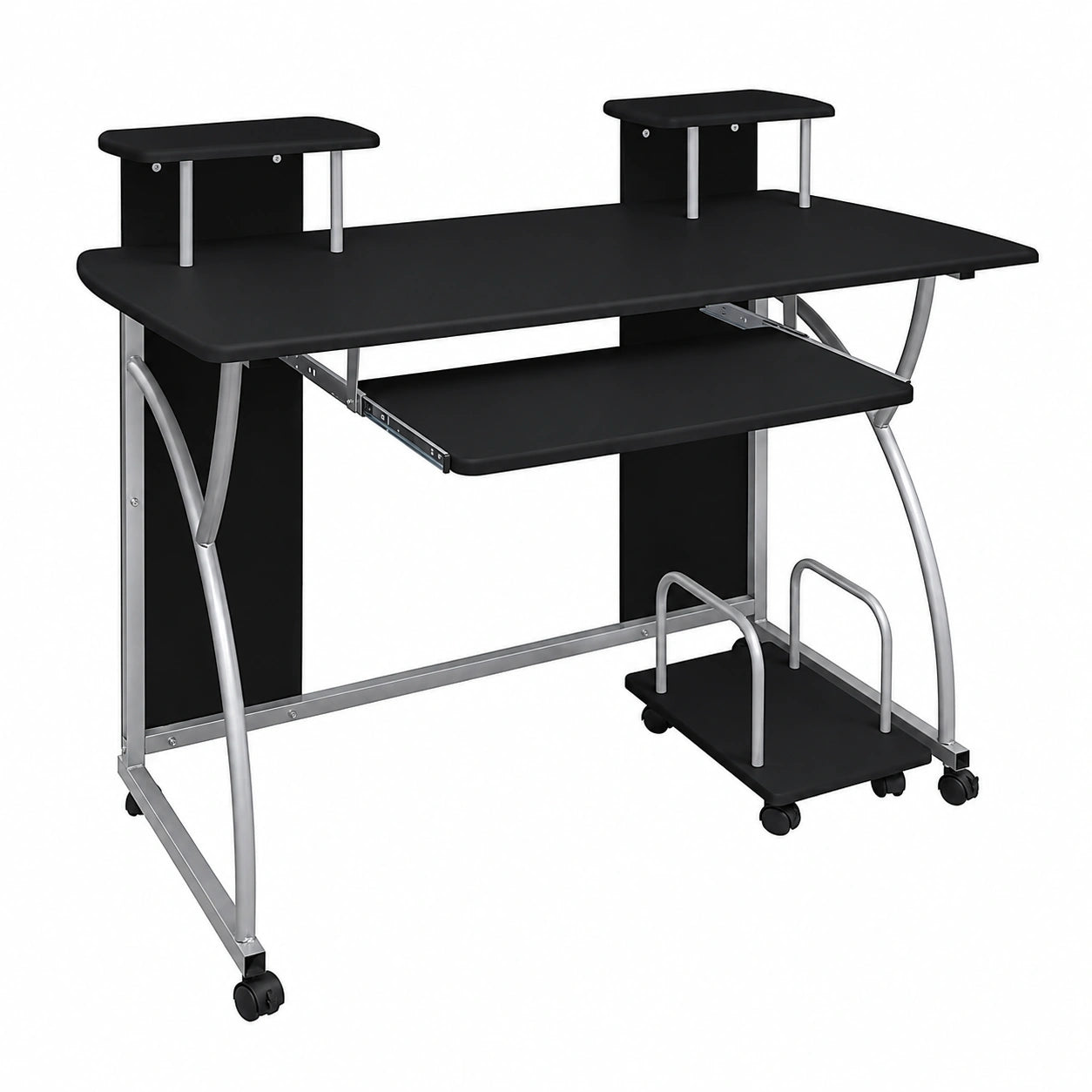 Scrivania per computer nera, 110 × 52 × 88,5 cm, in legno con estraibile per tastiera e ripiano, scrivania mobile per PC con spazio per ufficio, casa