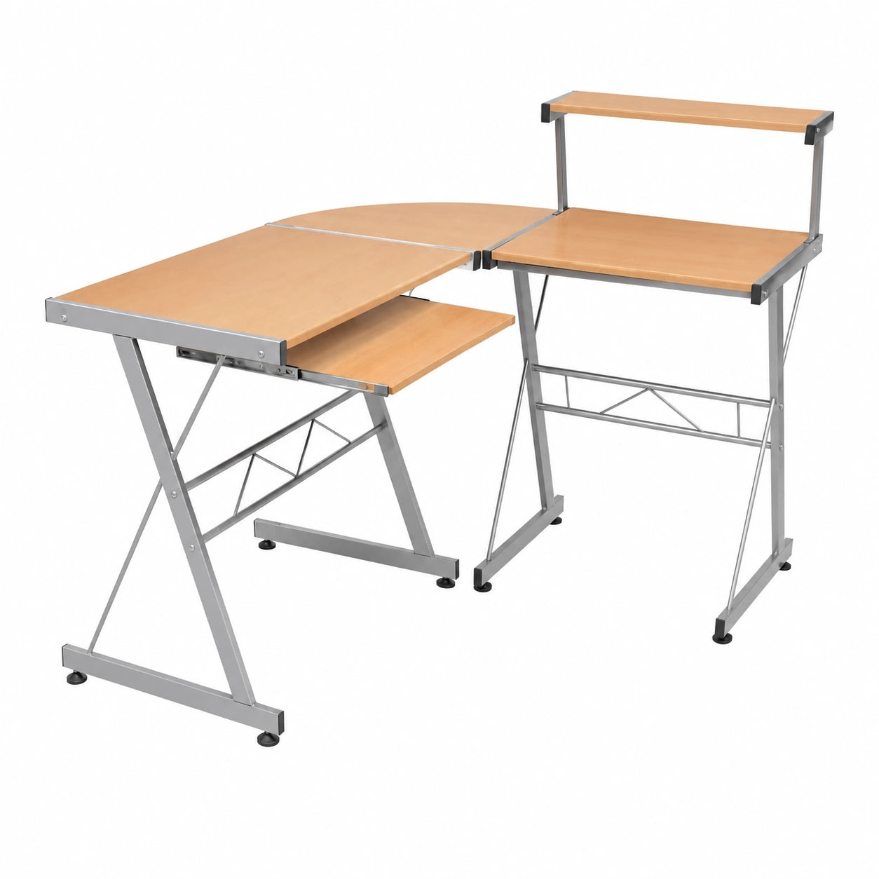 Scrivania angolare per computer marrone in legno e acciaio, 132 × 112 × 99 cm, con ripiano estraibile per tastiera, spazio e ripiano superiore