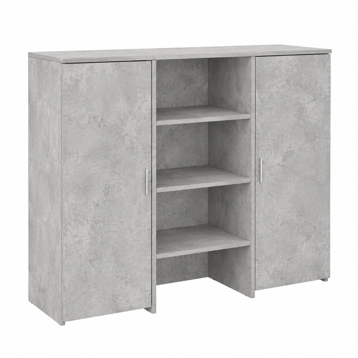 Bancone da ricezione in legno grigio cemento, 135 × 50 × 103,5 cm, con spazio e vano portaoggetti, scrivania versatile per ufficio, casa