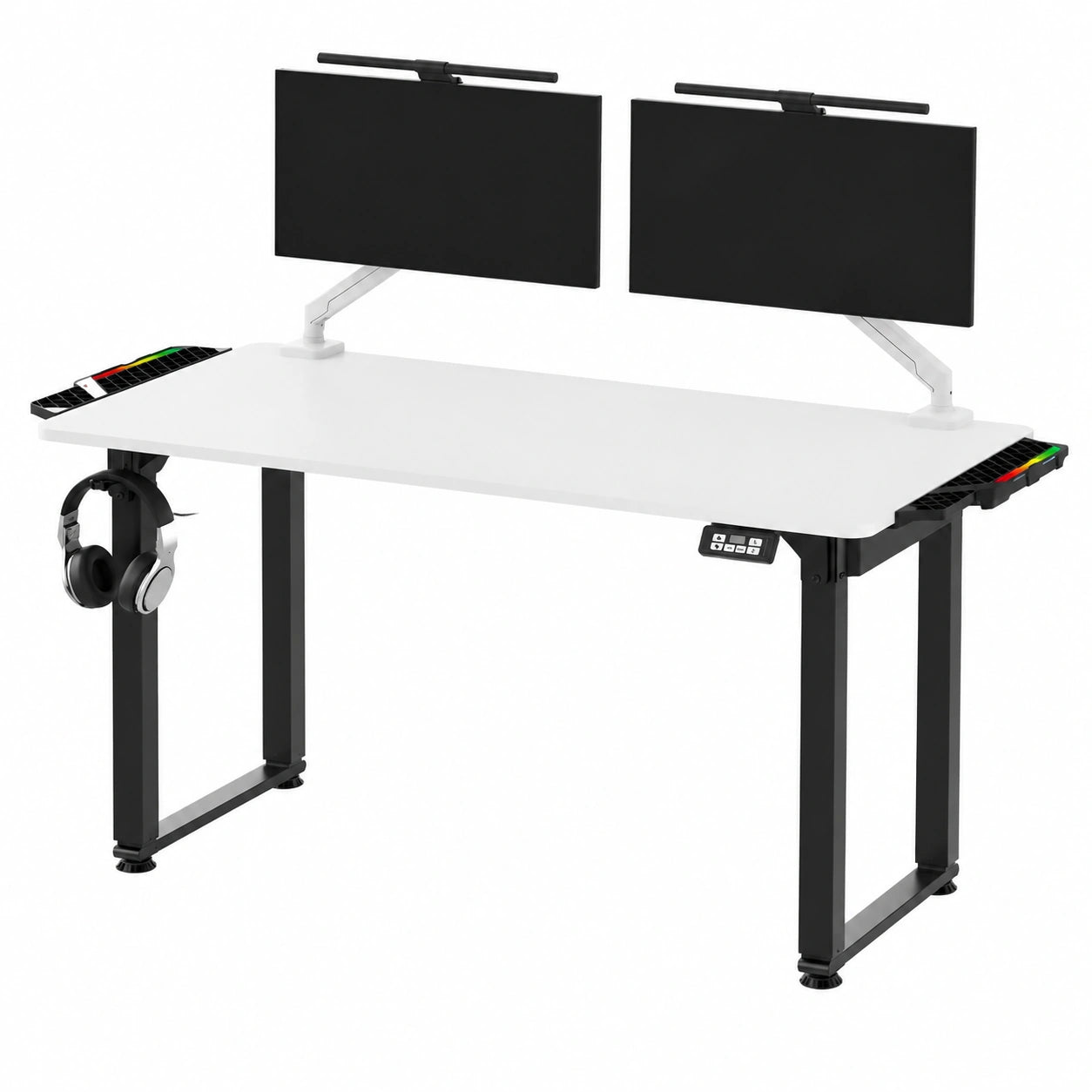 Scrivania Rialzabile per Giocatori Tavolo da Gioco con Struttura in Acciaio Spazio per Tre Monitor Regolazione Elettrica dell'Altezza LED RGB