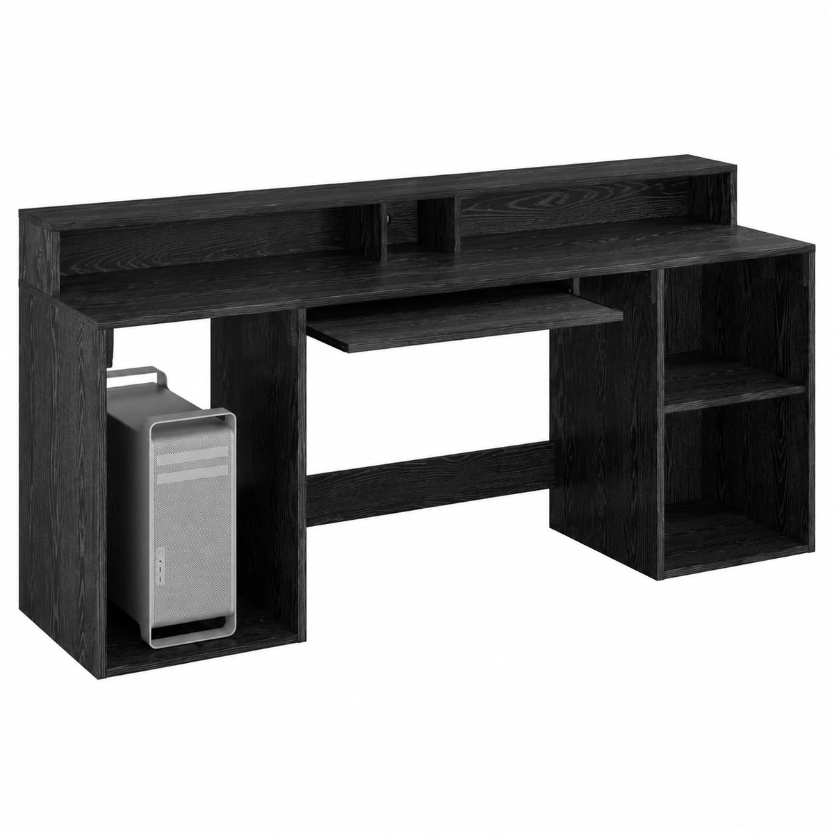 Scrivania in legno di rovere nero, 200 × 55 × 91 cm, con striscia LED, cassetto e spazio per riporre oggetti, per ufficio