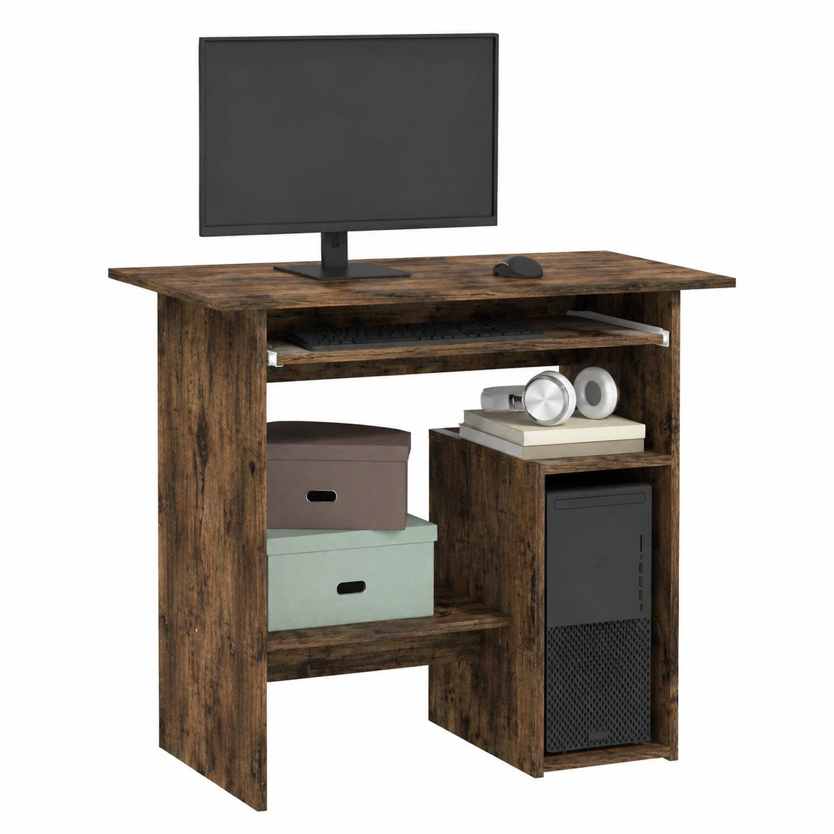 Scrivania in legno di rovere affumicato, 80 × 45 × 74 cm, con vano portaoggetti, cassetto, ergonomica