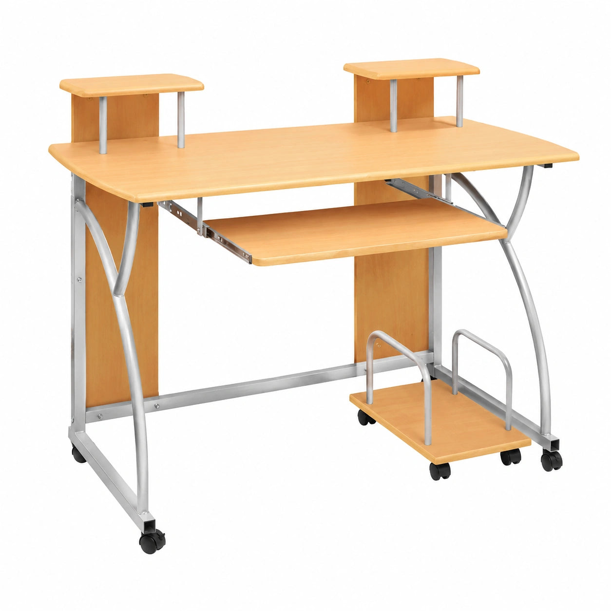 Scrivania per computer marrone, 110 × 52 × 88,5 cm, in legno e acciaio verniciato a polvere, con ripiano per tastiera, ruote