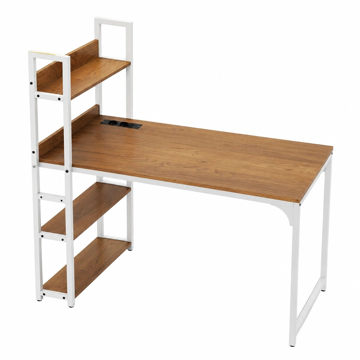 Scrivania con deposito e stazione di ricarica, 2 prese, porte USB A&C, tavolo computer in legno con 3 ripiani, telaio in metallo