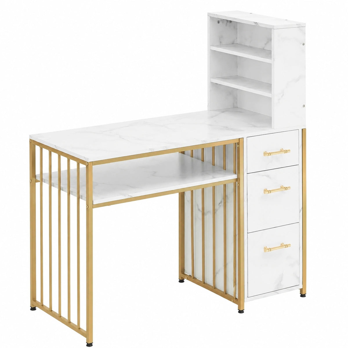 Scrivania M 3 cassetti, tavolo per chiodi in legno, struttura in metallo, toletta senza specchio, scrivania per computer con ripiano per soggiorno