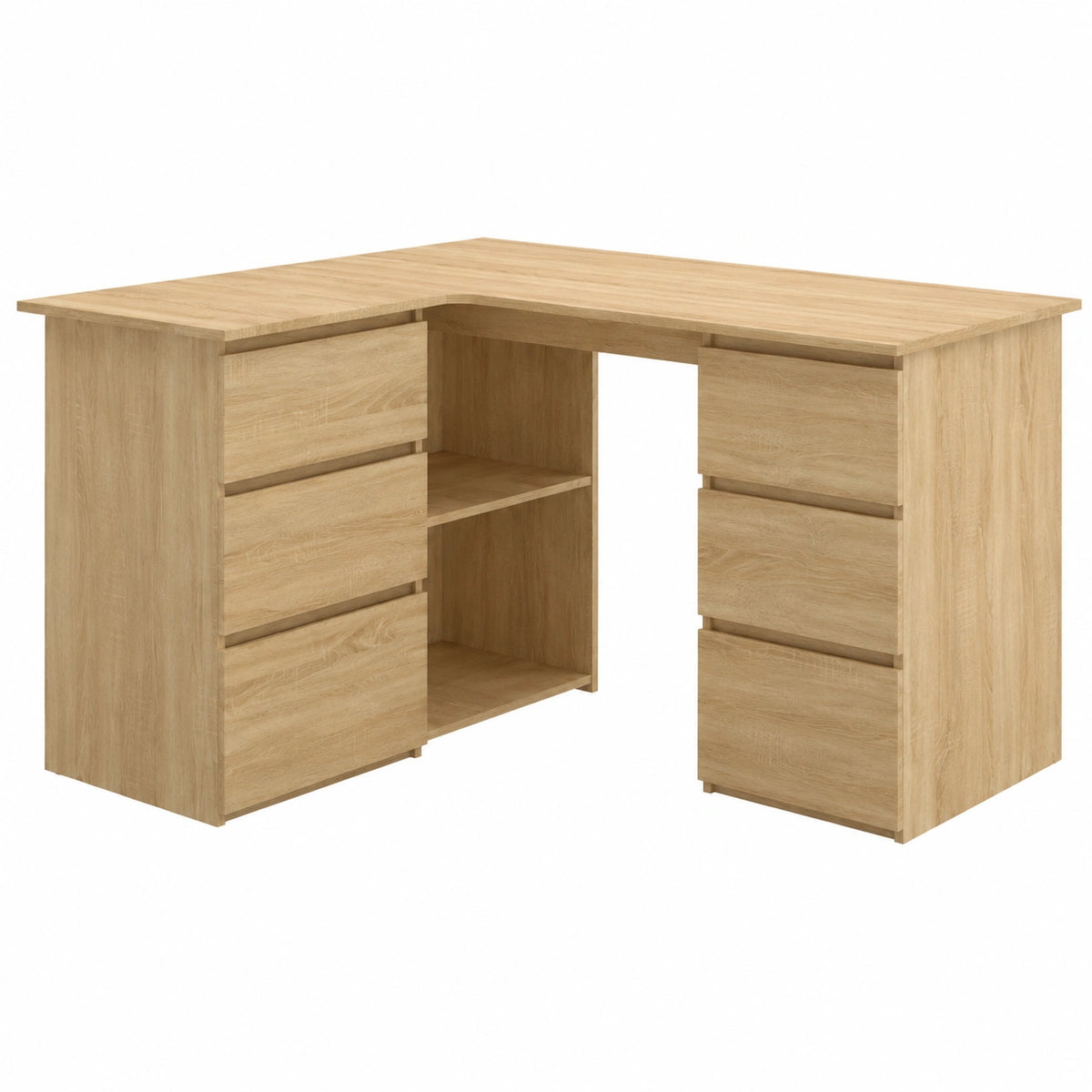 Scrivania angolare in legno di rovere Sonoma, 145 × 100 × 76 cm, con 4 cassetti, 2 ante, 2 ripiani