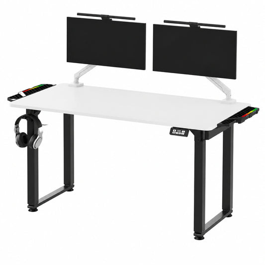 Scrivania Rialzabile per Giocatori Tavolo da Gioco con Struttura in Acciaio Spazio per Tre Monitor Regolazione Elettrica dell'Altezza LED RGB